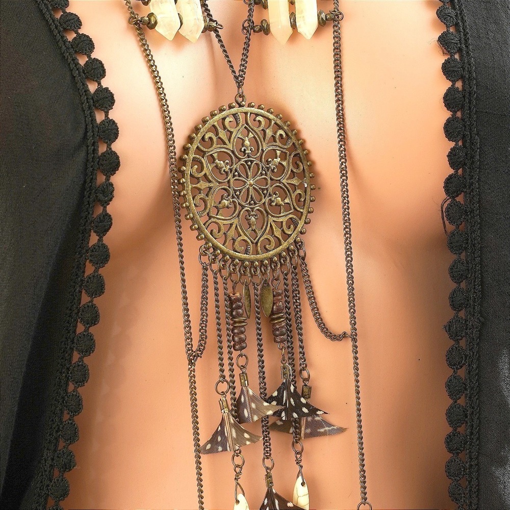 Boho Multi Layered Statement Necklace Bronze Filigree Medallion‎